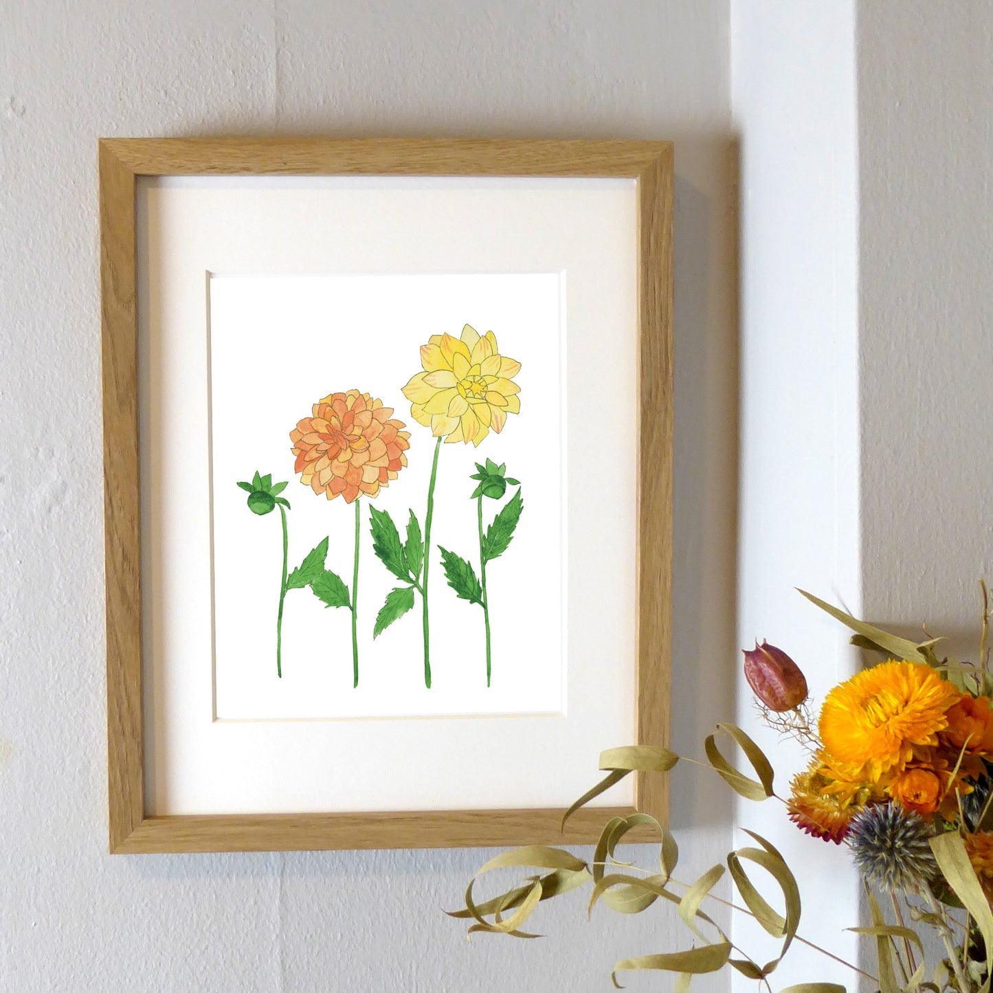 Orange & Yellow Dahlia Duo Watercolor Print