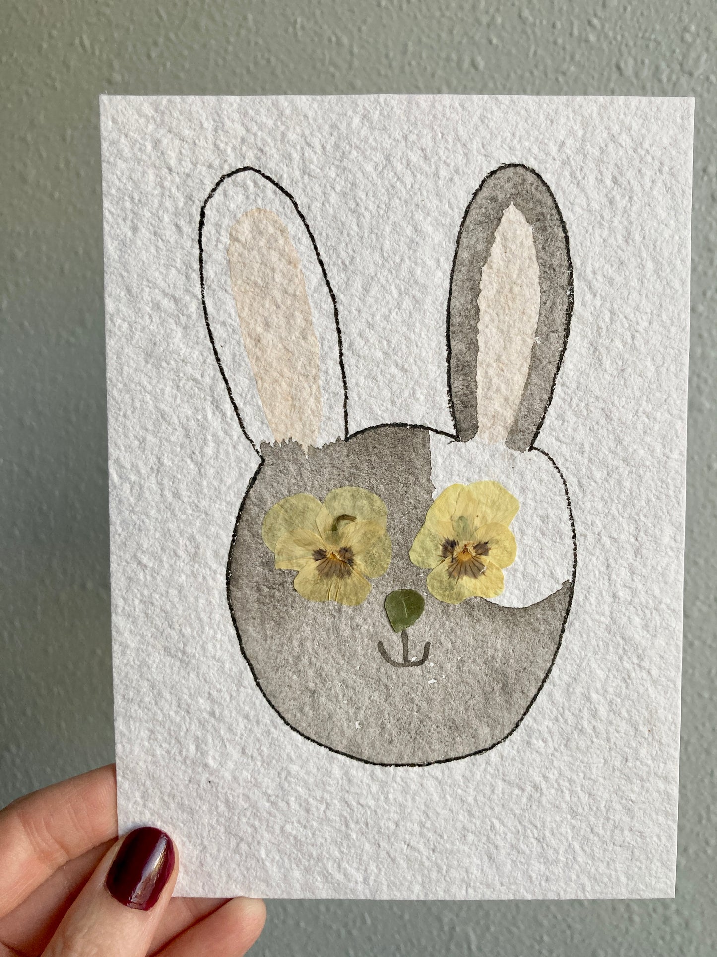 Watercolor & Pressed Flower Eye Gray and White Bunny
