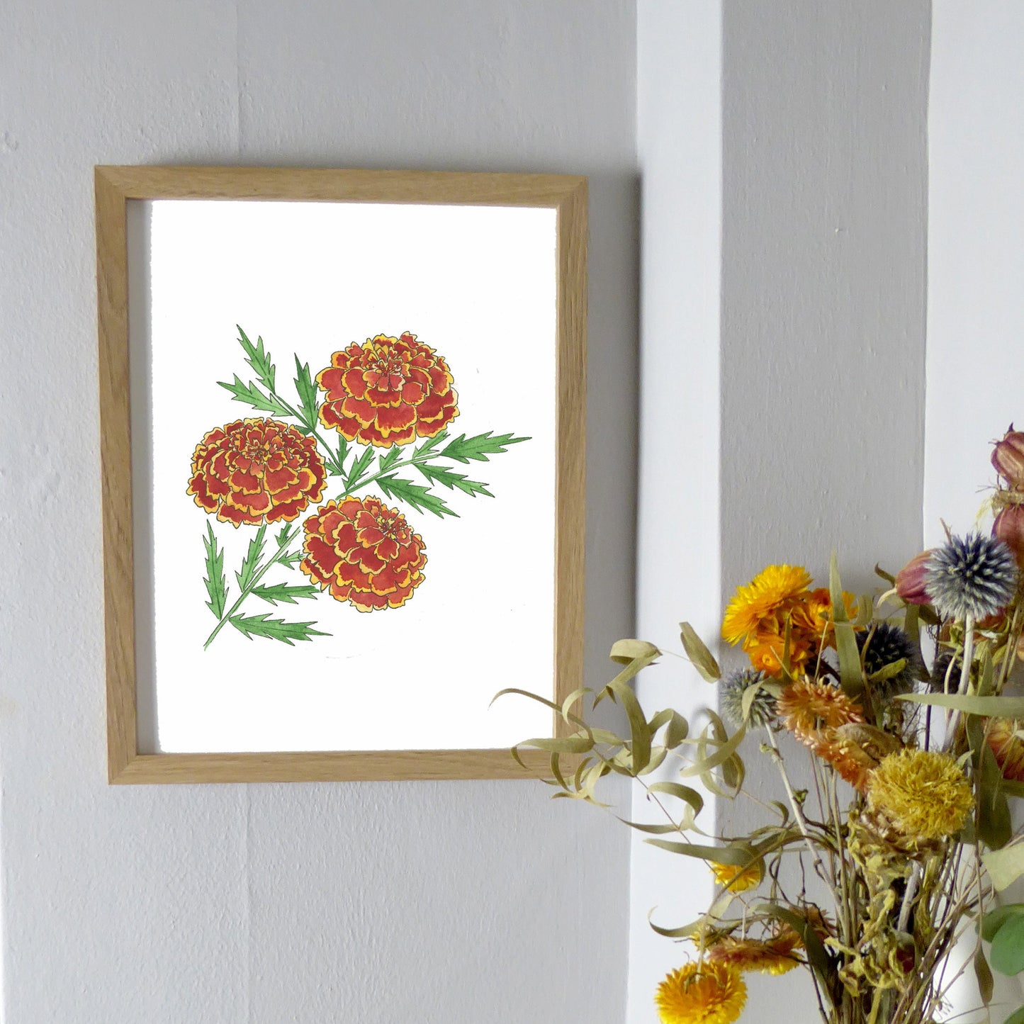 Red Marigolds Watercolor Print