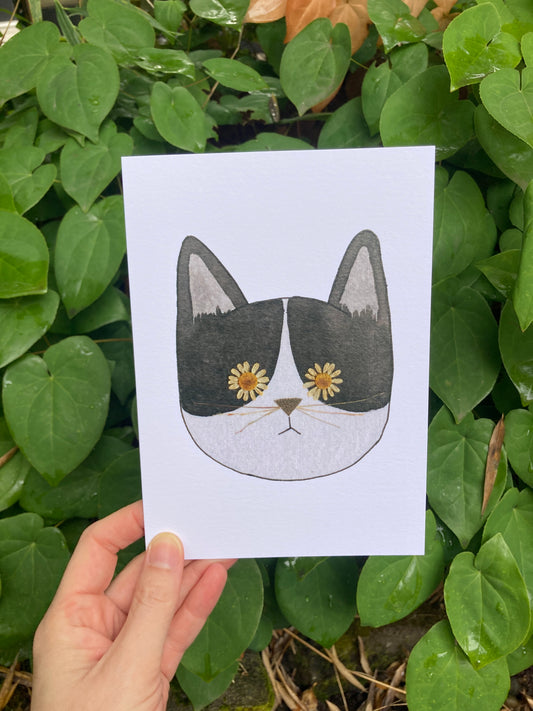 Tuxedo Cat Flower Eye Frameable Card