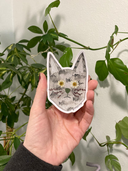 Flower Eye Gray Cat Vinyl Sticker