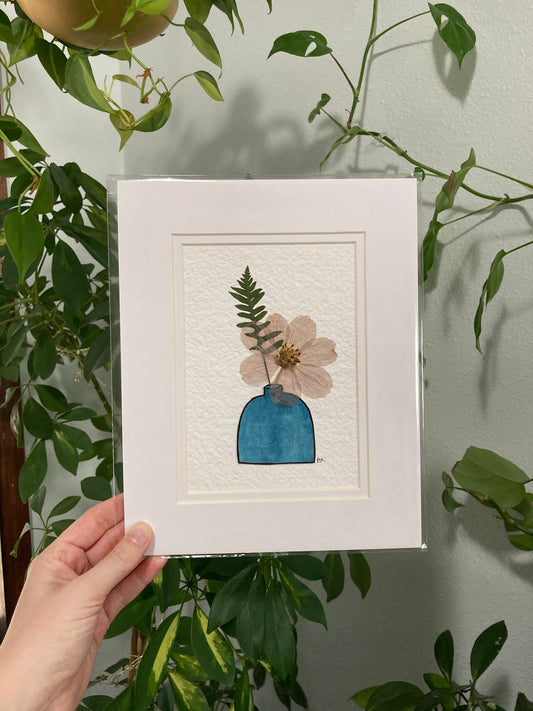 Pressed Cosmo and Fern Watercolor Bud Vase