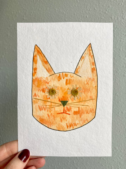 Watercolor & Pressed Flower Eye Orange Cat