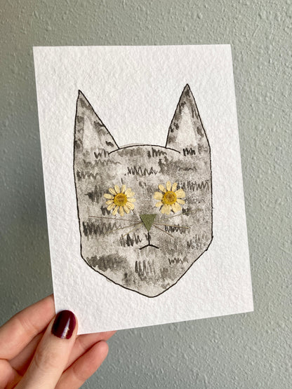 Watercolor & Pressed Flower Eye Gray Cat