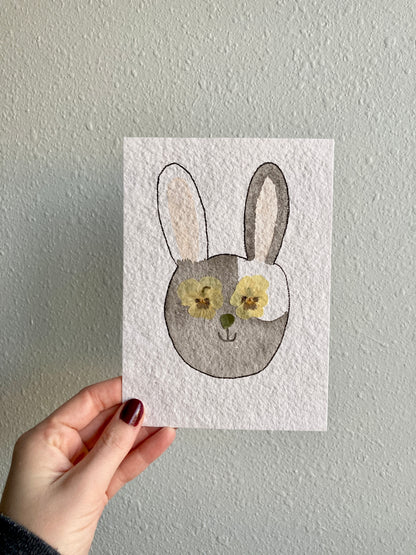 Watercolor & Pressed Flower Eye Gray and White Bunny