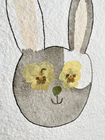 Watercolor & Pressed Flower Eye Gray and White Bunny