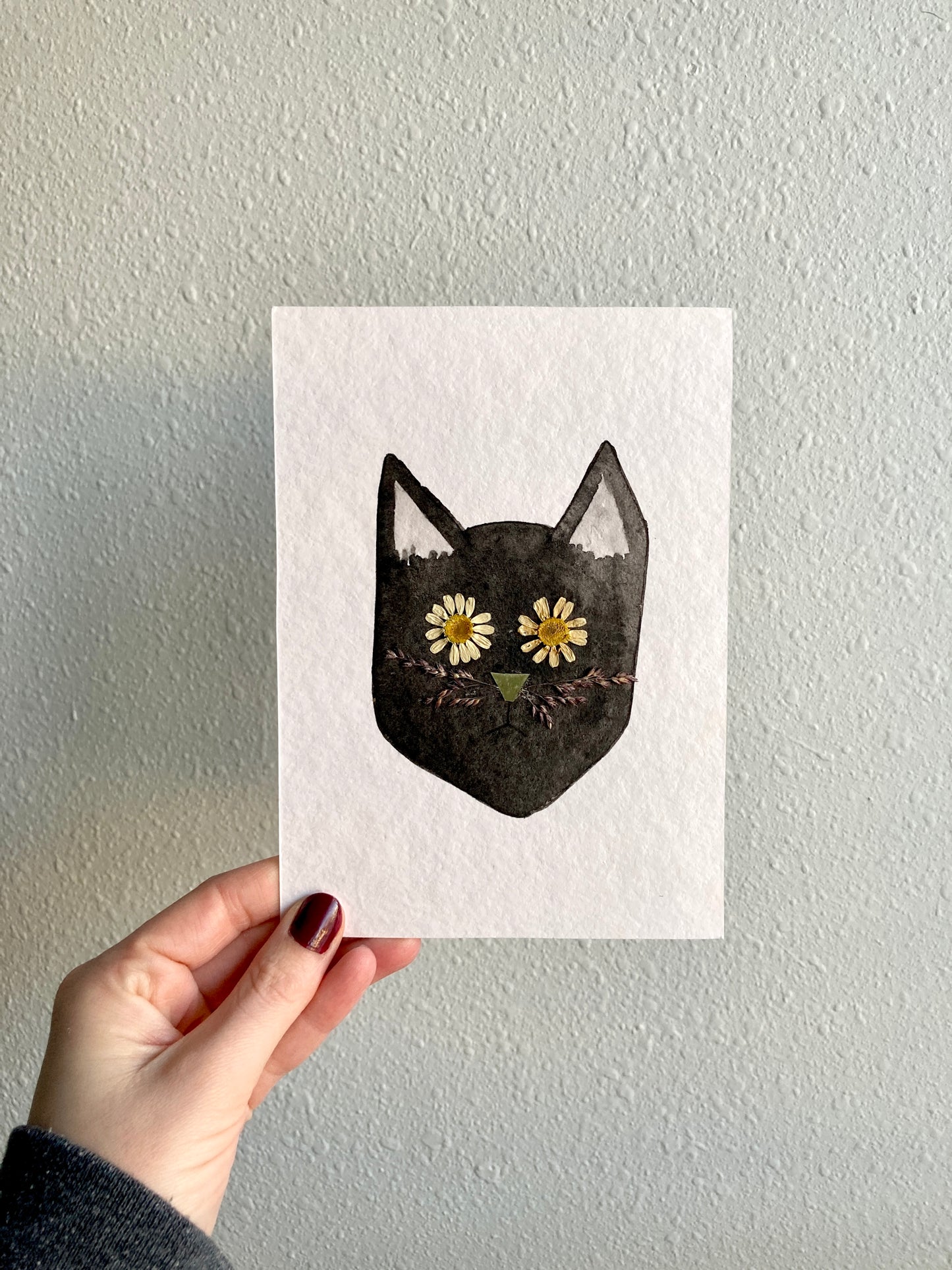 Watercolor & Pressed Flower Eye Black Cat