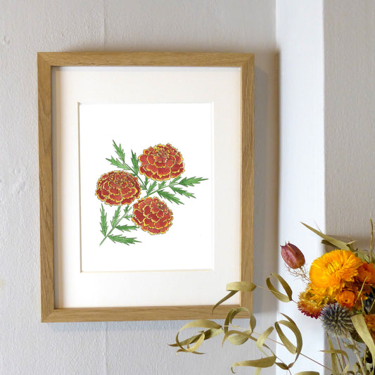Red Marigolds Watercolor Print
